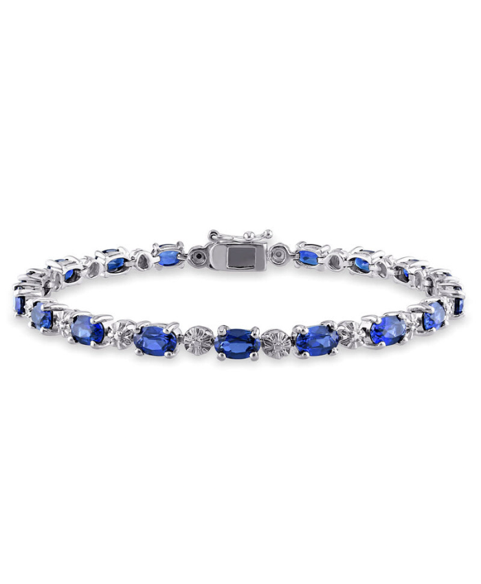 9 7/8 CT TGW Created Blue Sapphire And Diamond Bracelet In Sterling Silver