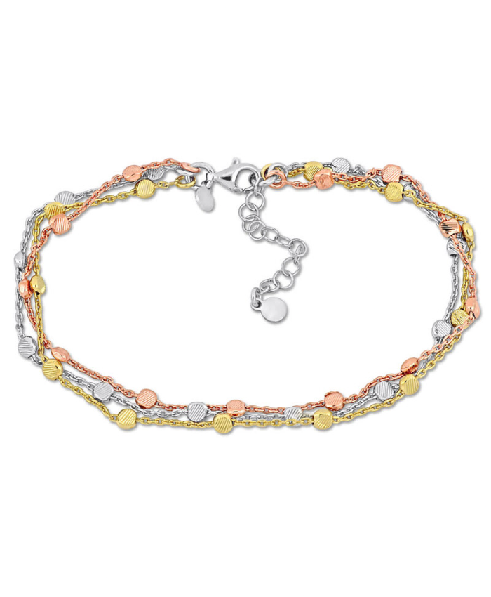 Multi-strand Anklet With Lobster Clasp In 3-Tone Rose, Yellow And White Sterling Silver - 9 In.