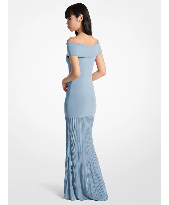 Pleated Stretch Knit Off-The-Shoulder Maxi Dress