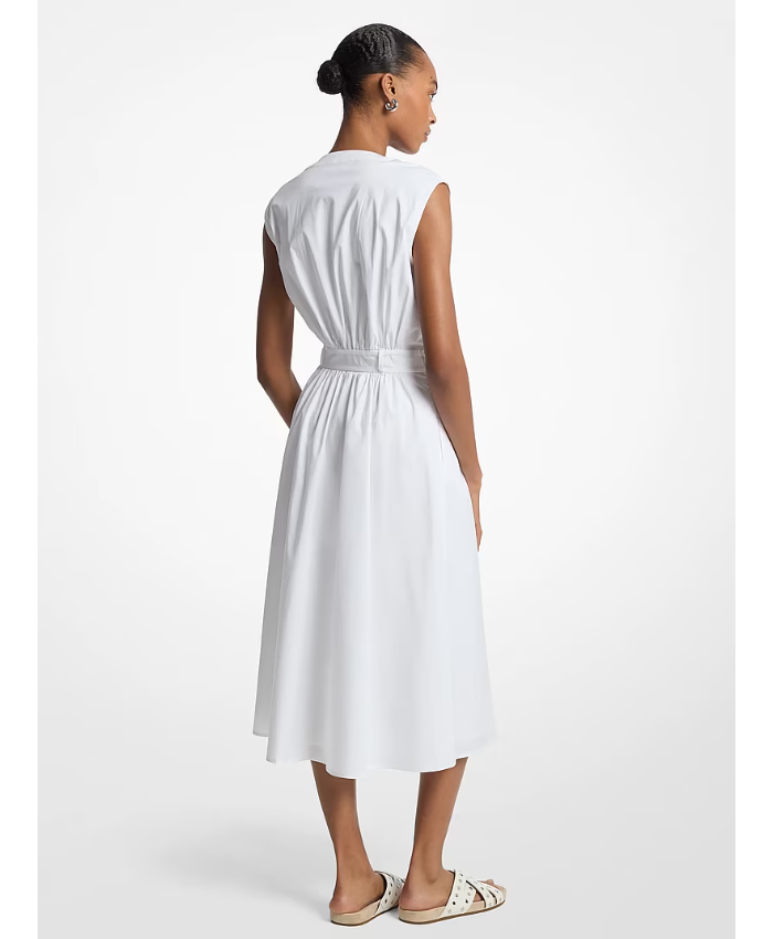 Stretch Cotton Poplin Belted Midi Dress