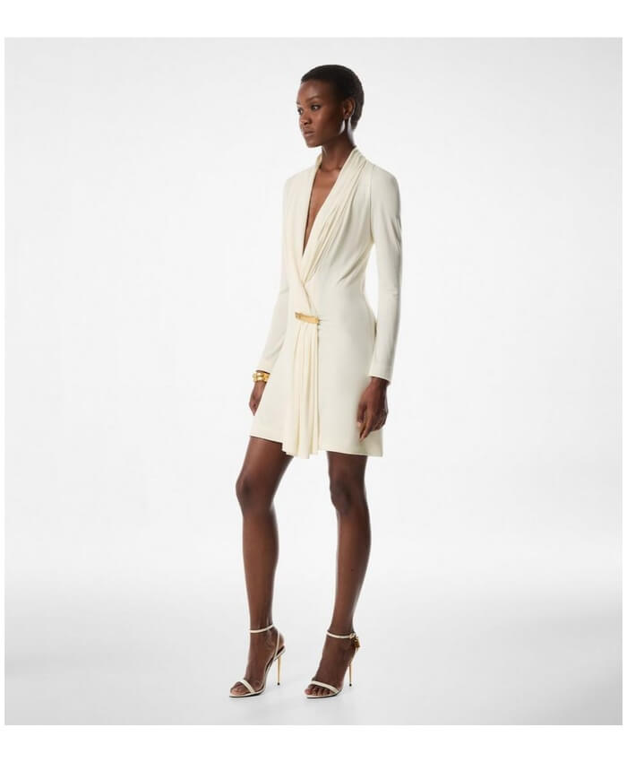 V-NECK LONG SLEEVE COCKTAIL DRESS WITH BAR DETAIL