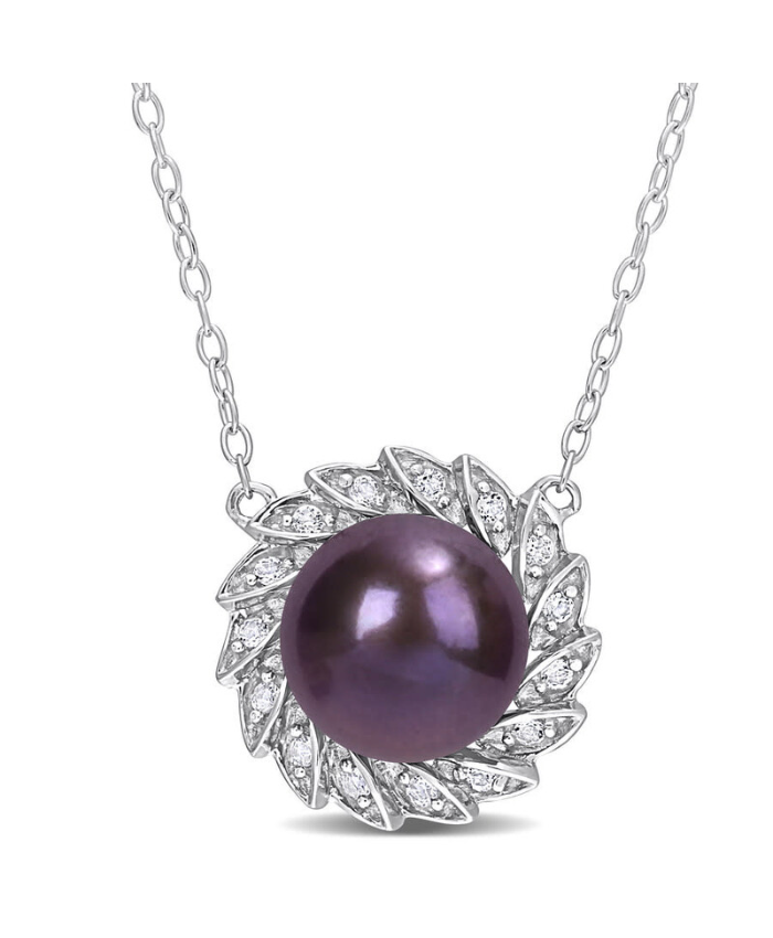 Amour 9.5-10mm Black Freshwater Cultured Pearl And 1/6 CT TGW White Topaz Floral Pendant With Chain In Sterling Silver