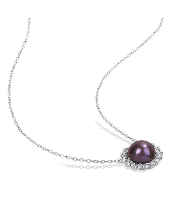 Amour 9.5-10mm Black Freshwater Cultured Pearl And 1/6 CT TGW White Topaz Floral Pendant With Chain In Sterling Silver