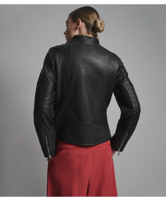 Alessandra Collarless Textured Leather Moto Jacket