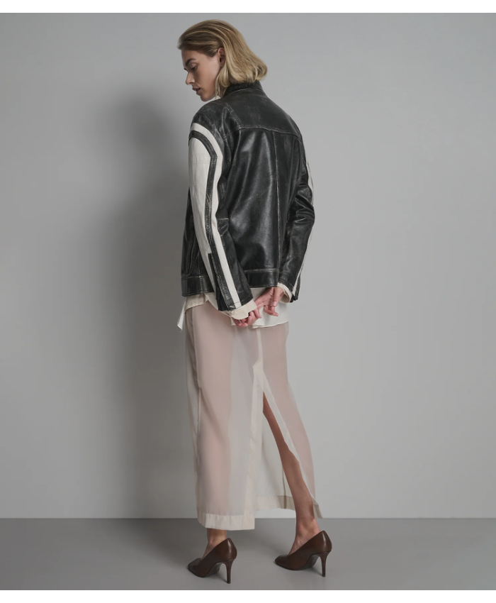 Jade Color Block Leather Racer Jacket