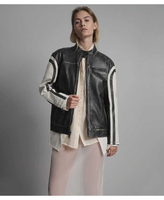 Jade Color Block Leather Racer Jacket
