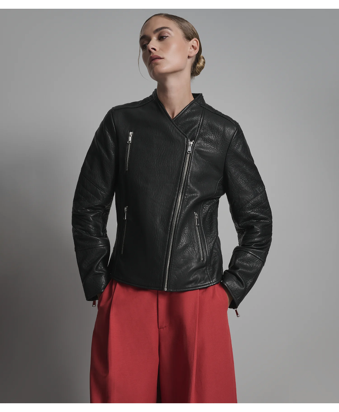 Alessandra Collarless Textured Leather Moto Jacket