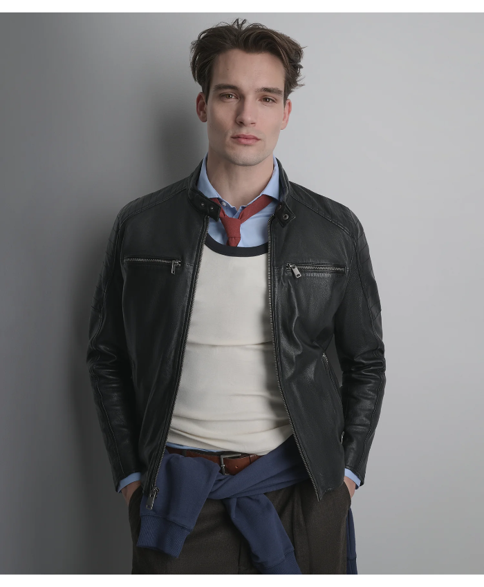 Lance Collarless Leather Moto Jacket
