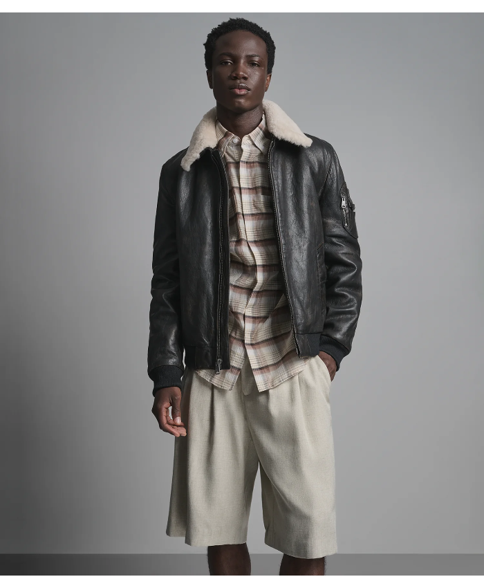 Jimmy Leather Aviator Bomber Jacket With Shearling Collar