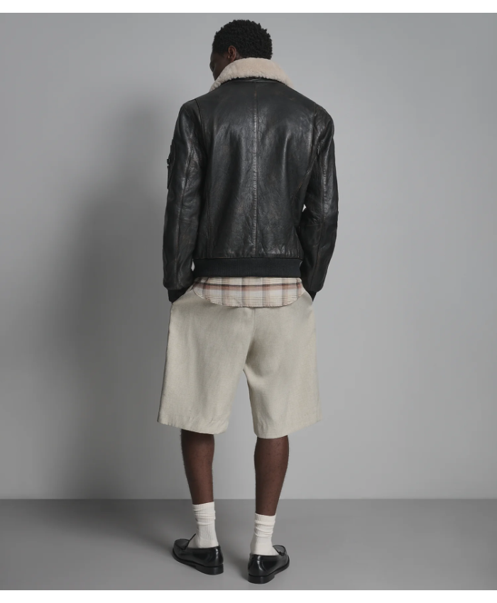 Jimmy Leather Aviator Bomber Jacket With Shearling Collar