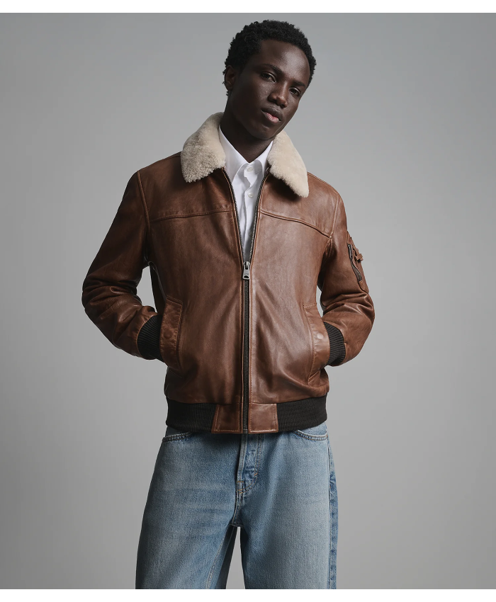 Ace Leather Bomber Jacket With Shearling Collar