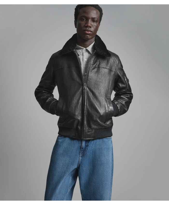 Ace Leather Bomber Jacket With Shearling Collar