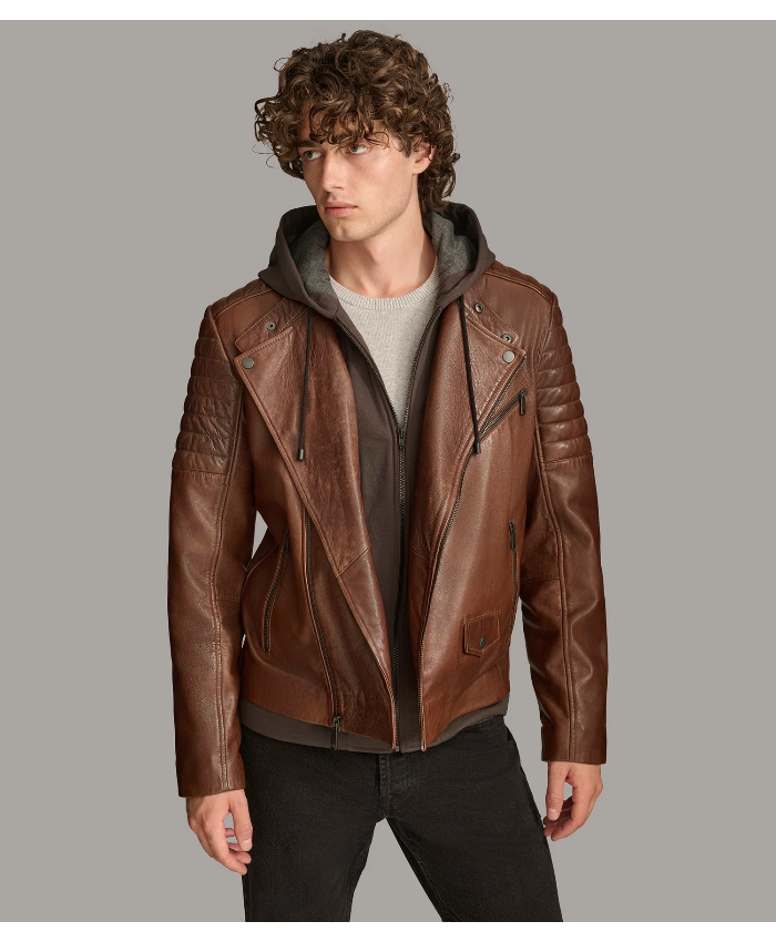 Andres Leather Moto Jacket With Zip Off Hood