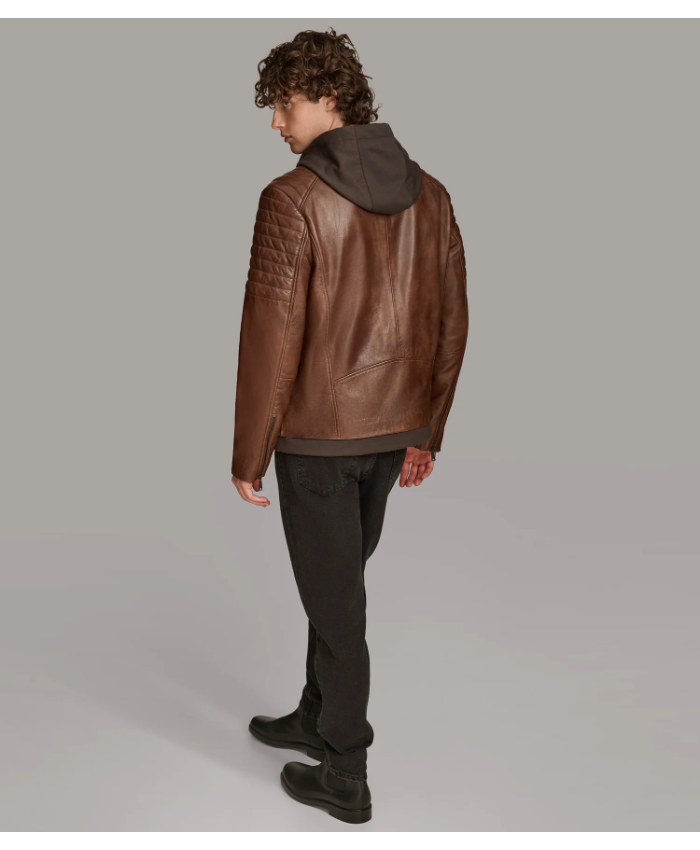 Andres Leather Moto Jacket With Zip Off Hood