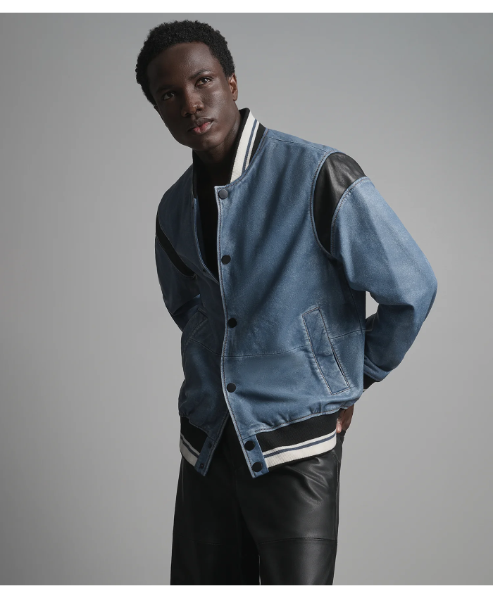 Simon Leather Denim Varsity Jacket