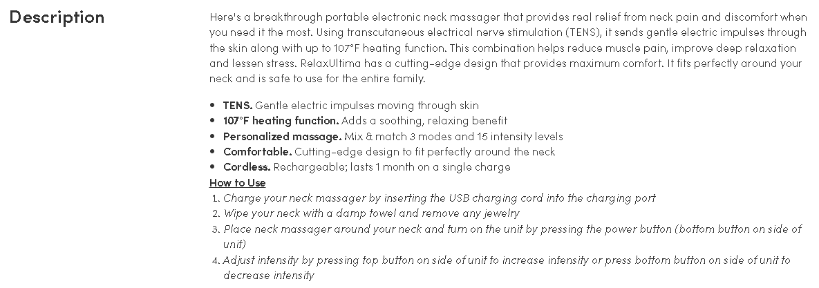 RelaxUltima Portable Neck Massager with TENS Electric Pulse Technology