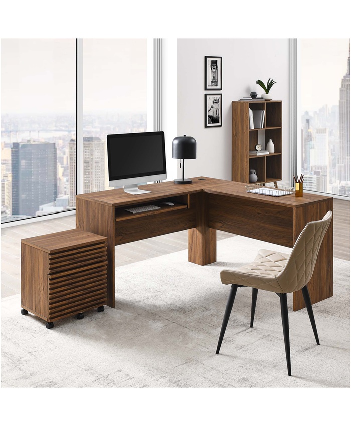 Render Wood Desk And File Cabinet Set In Walnut