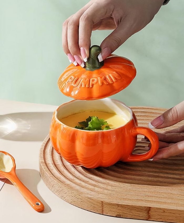 Halloween Pumpkin Shaped Ceramic Mug With Lid And Spoon