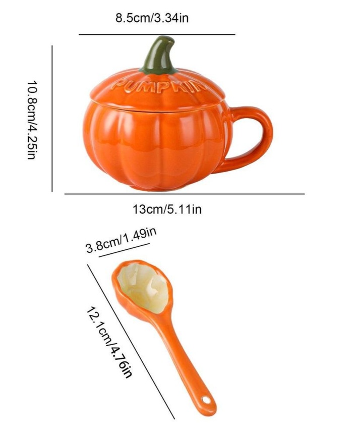Halloween Pumpkin Shaped Ceramic Mug With Lid And Spoon