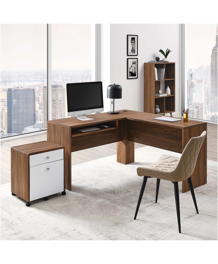 Transmit Wood Desk And File Cabinet Set In Walnut White