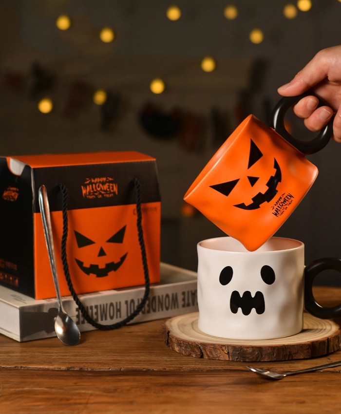 16oz Halloween Pumpkin Mug With Spoon - Cute Ghostface Pattern Ceramic Coffee Cup