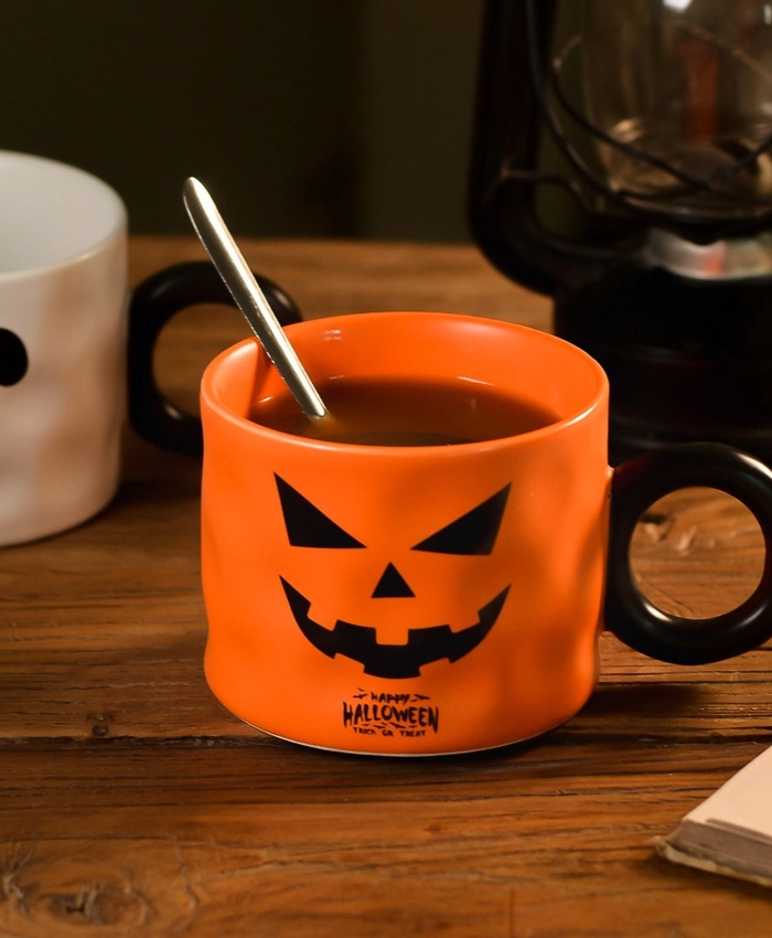 16oz Halloween Pumpkin Mug With Spoon - Cute Ghostface Pattern Ceramic Coffee Cup