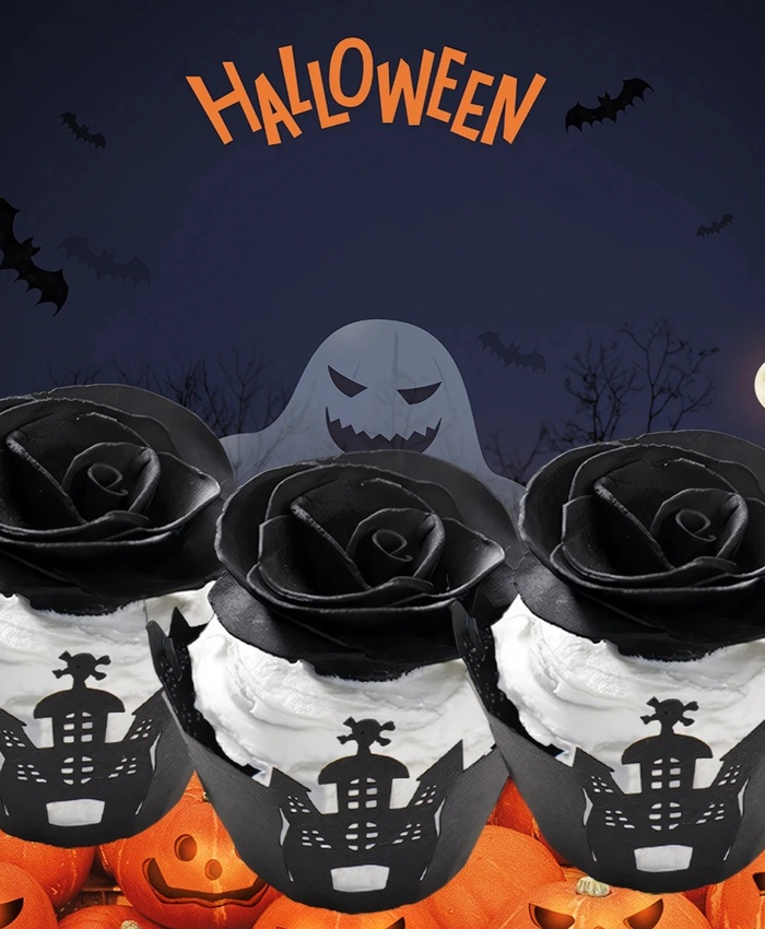 50pcs Halloween Castle Laser Cut Cupcake Wrappers For Party & Event Decor