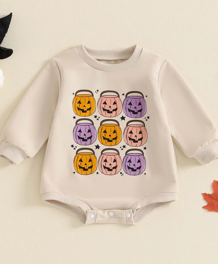 Pumpkin Basket Print Long Sleeve Jumpsuit