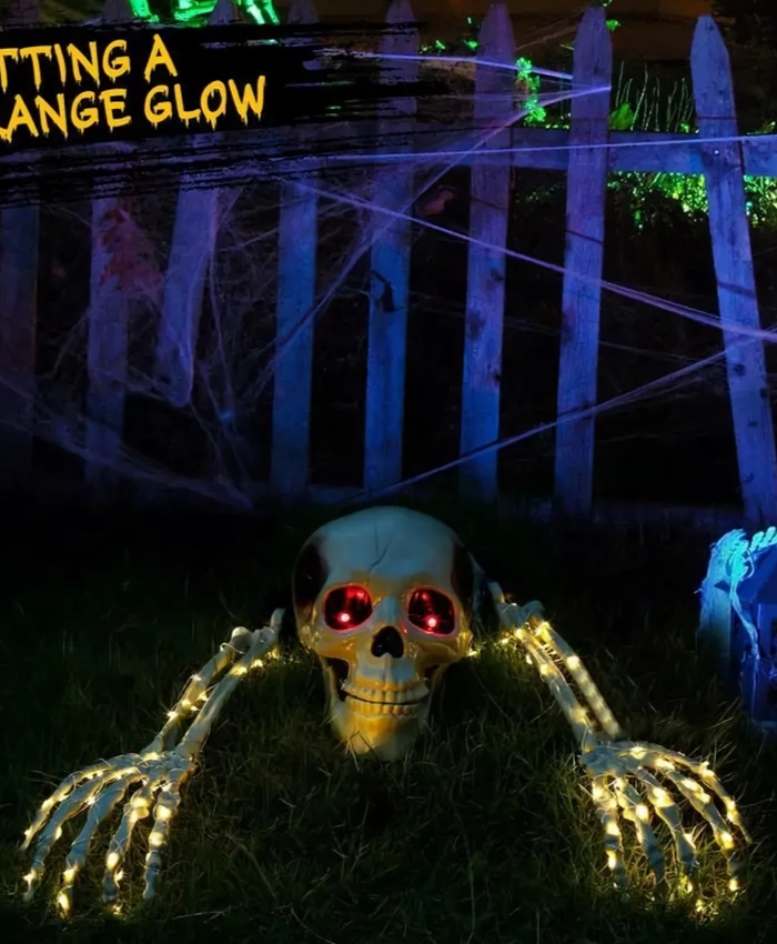 Light-Up Skeleton Arm Stakes with Glowing Skull Head