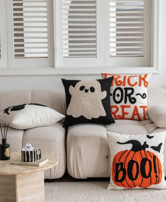 Halloween Tufted Ghost Embroidered Cushion Cover