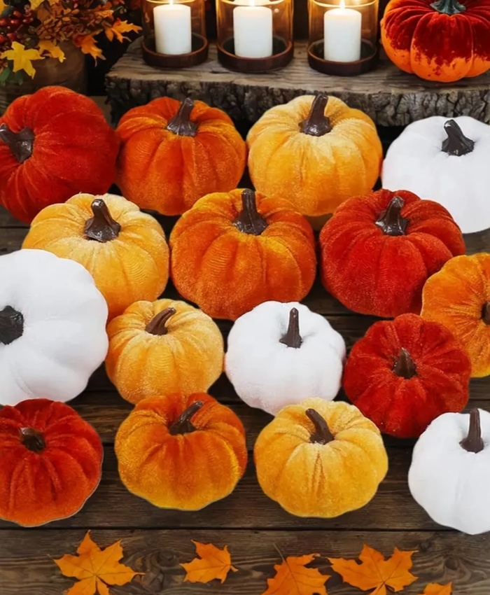 16-piece Velvet Artificial Pumpkin Set
