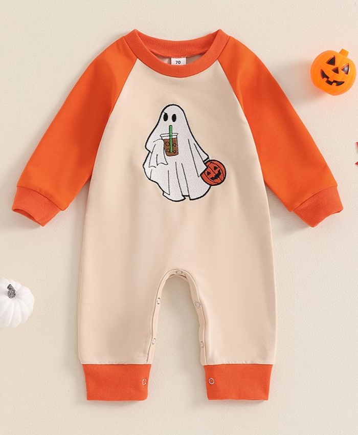 Baby Boys Halloween Romper with Ghost and Pumpkin Embroidery