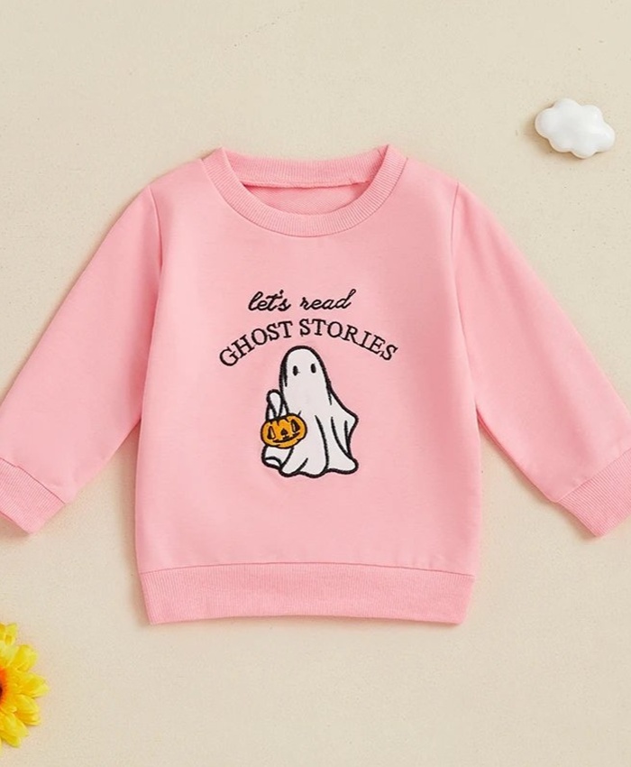 Kids Girls Long Sleeve Crew Neck Ghost Embroidery Pullover Hoodie For Halloween