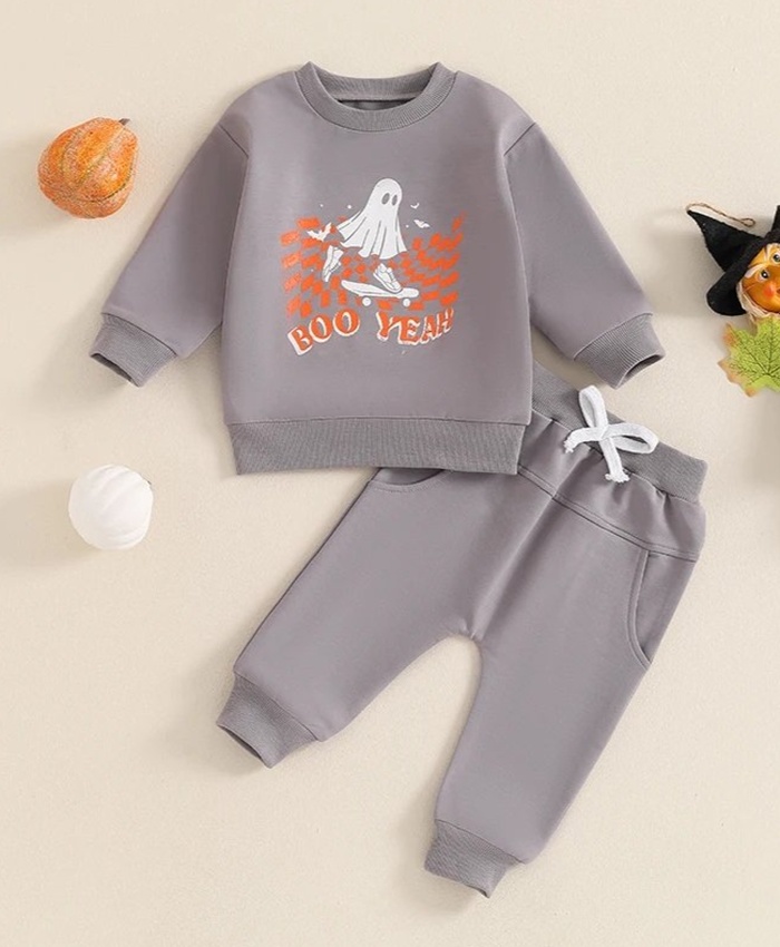 Letter Ghost Print Long Sleeve Sweatshirt & Elastic Sweatpants Set