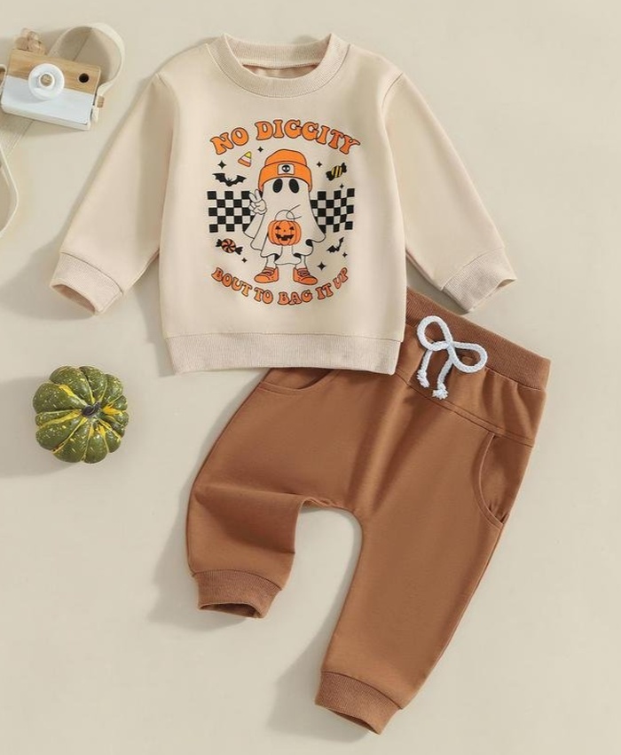 Kids Ghost Print Halloween Sweatshirt And Sweatpants Set