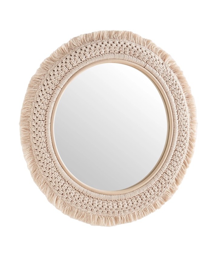 Jade Round Rattan Macrame Wall Mirror in Natural