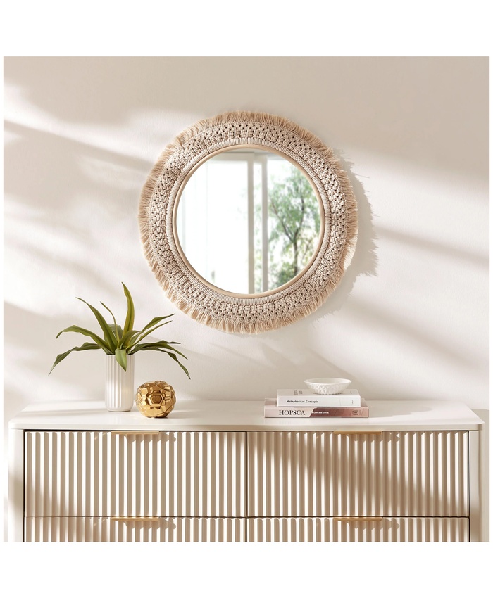 Jade Round Rattan Macrame Wall Mirror In Natural