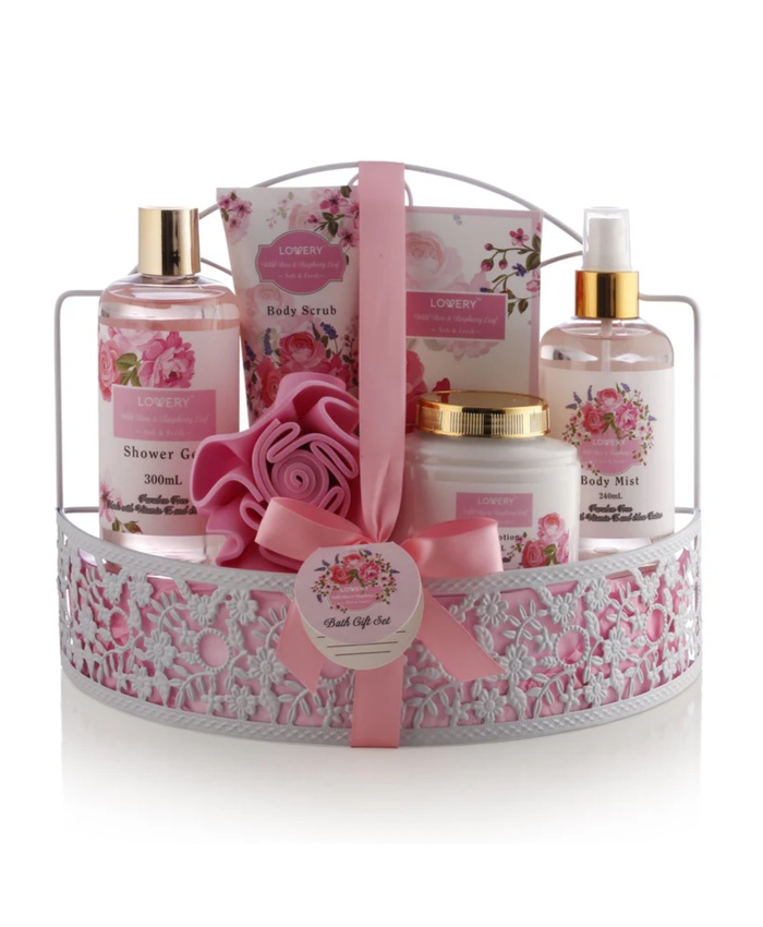 Raspberry Leaf & Wild Rose Bath Gift Set - 8Pc Body Care Kit