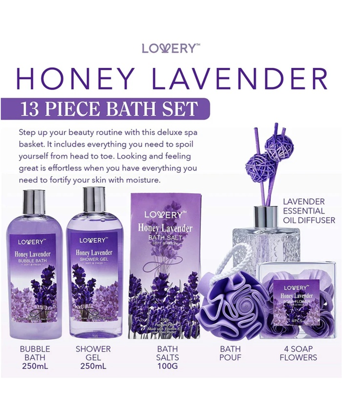 Honey Lavender Home Bath Gift Set -15Pc Relaxation Gifts