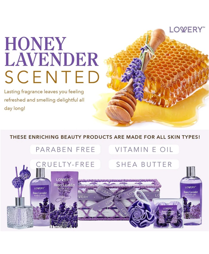 Honey Lavender Home Bath Gift Set -15Pc Relaxation Gifts