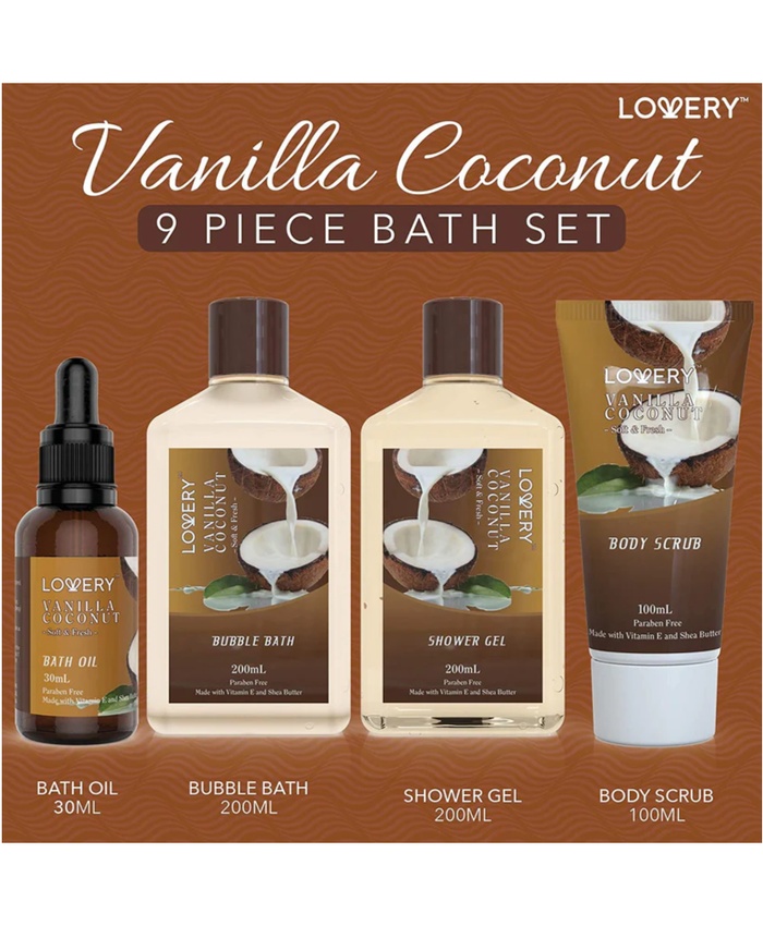 Vanilla Coconut Luxury Bath Gift Set - 9Pc Home Spa Basket