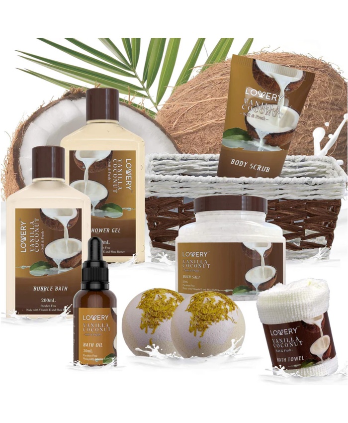 Vanilla Coconut Luxury Bath Gift Set - 9Pc Home Spa Basket