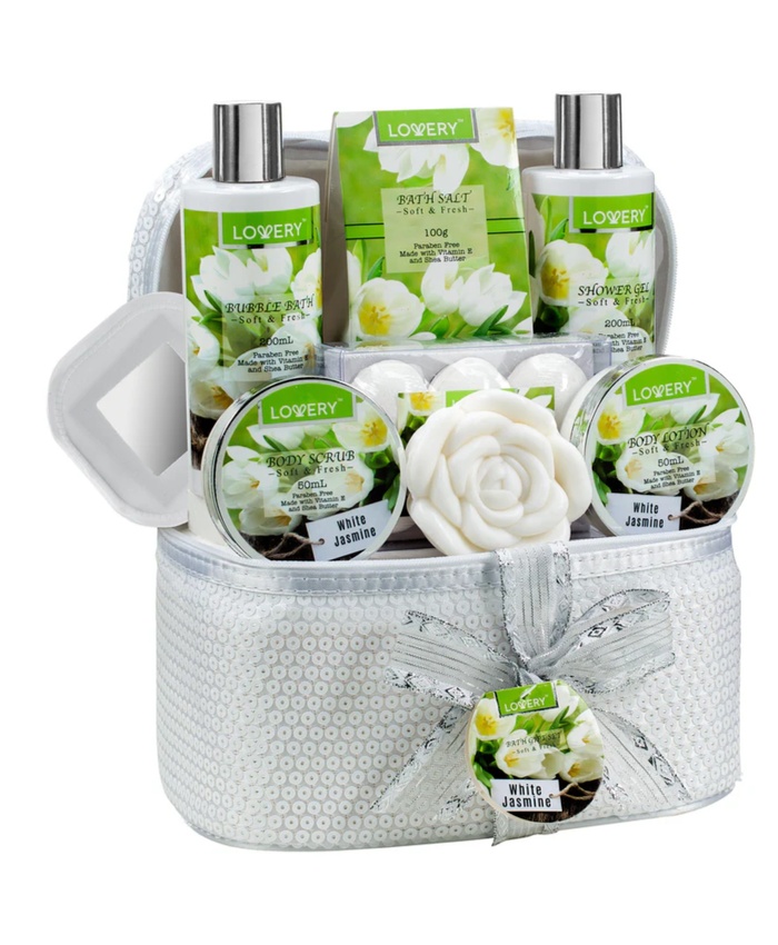 White Jasmine Bath Set - 13Pc Sequin Cosmetic Bag Kit