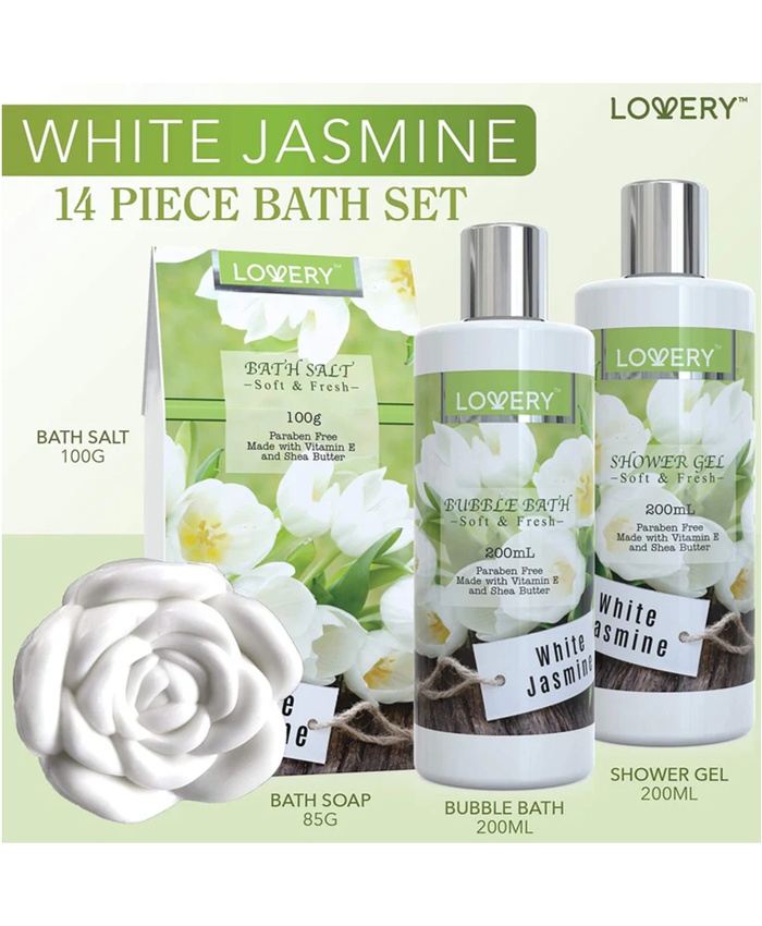 White Jasmine Bath Set - 13Pc Sequin Cosmetic Bag Kit