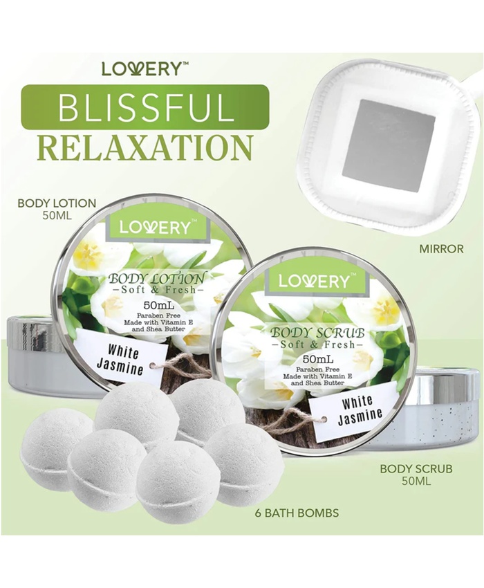 White Jasmine Bath Set - 13Pc Sequin Cosmetic Bag Kit