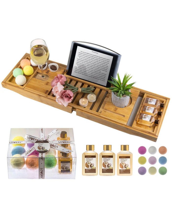 Premium Bamboo Bathtub Tray - 13Pc Bath Caddy Gift Set