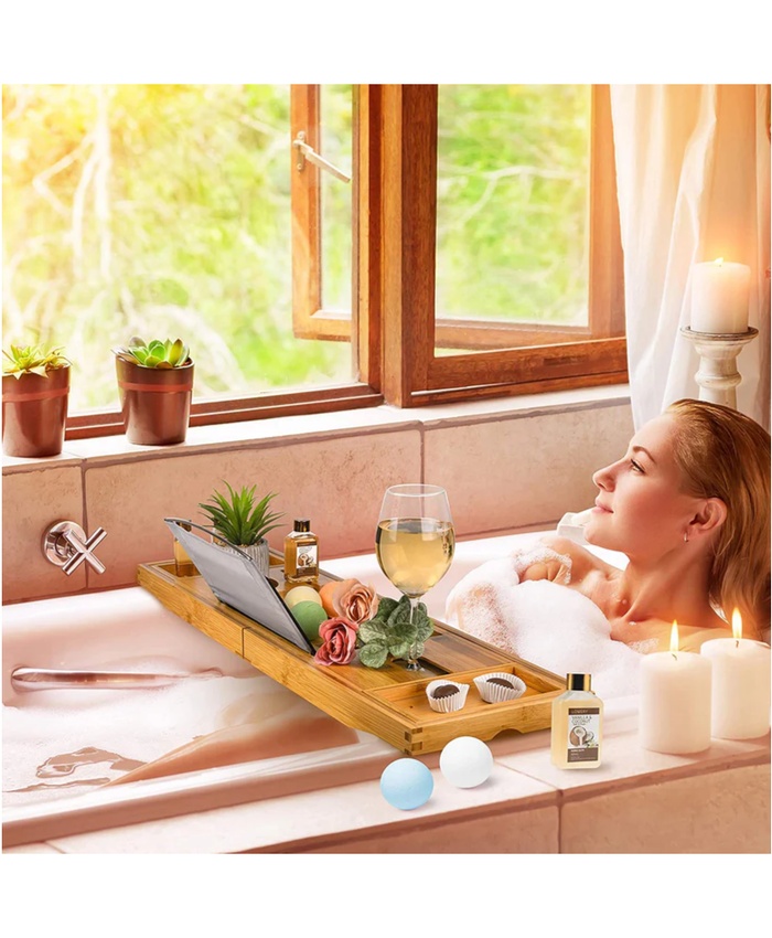Premium Bamboo Bathtub Tray - 13Pc Bath Caddy Gift Set