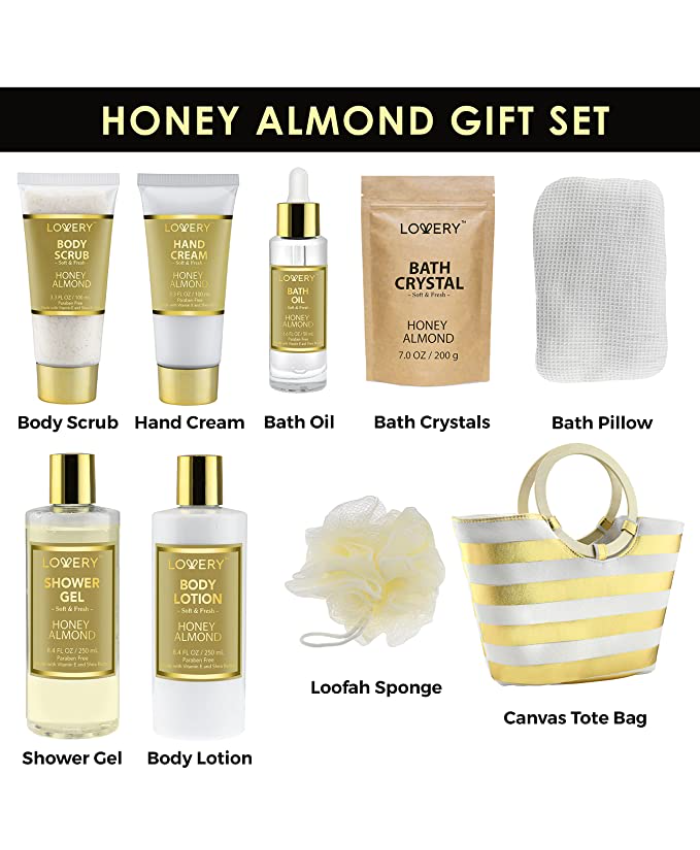 Honey Almond Home Spa Gift Set - 8Pc Bath Gift Bag