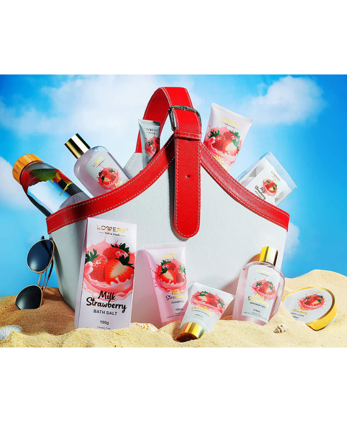 Strawberry Milk Home Bath Gift Set - 25Pc Tote Bag Gift