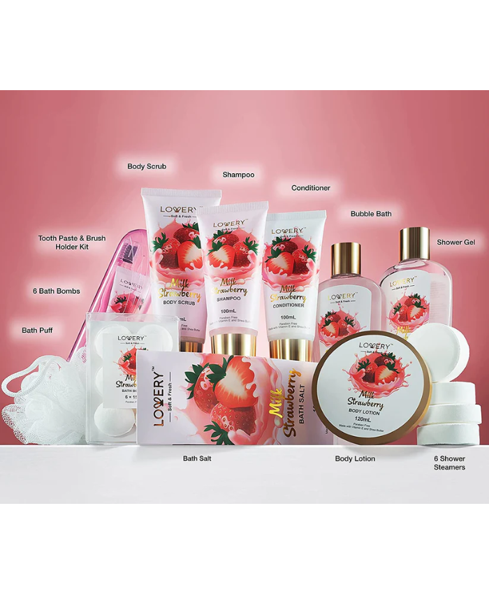 Strawberry Milk Home Bath Gift Set - 25Pc Tote Bag Gift